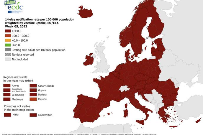 ecdc | Tudi preostale evropske države so še vedno obarvane temno rdeče. | Foto STA