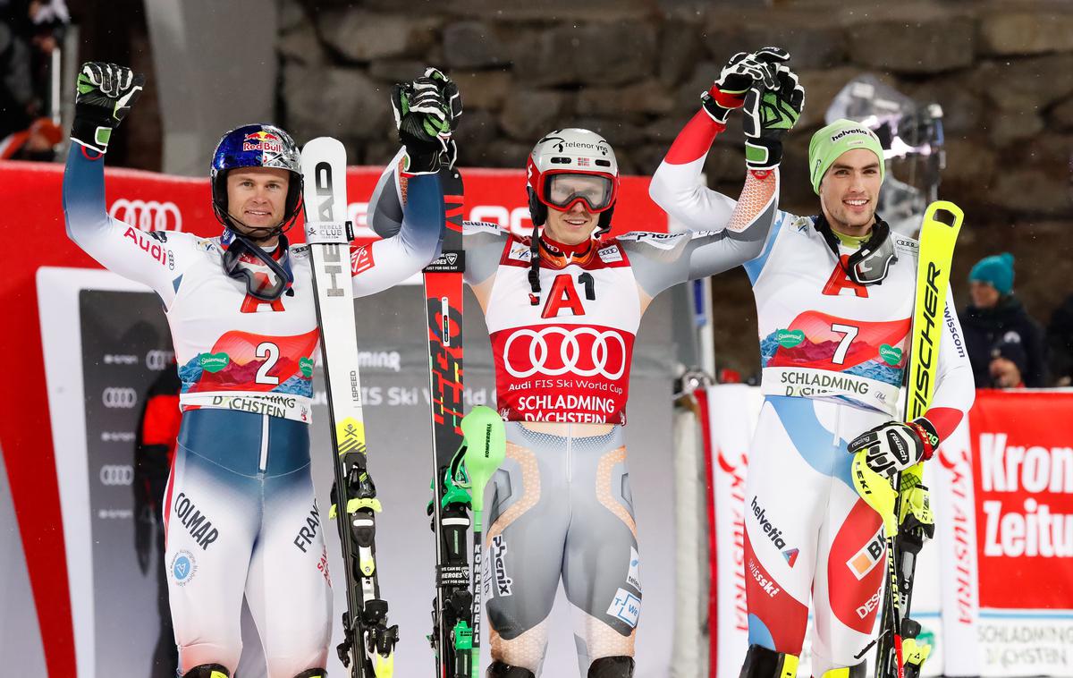 Pinturault, Kristoffersen, Yule - Schladming 2020 | Stopničke so zasedli Henrik Kristoffersen, Alexis Pinturault in Daniel Yule. | Foto Guliver/Getty Images