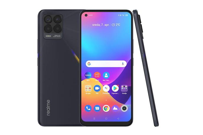 Realme 8 Pro | Realme 8 Pro v prodaji brez vezave pri operaterju stane dobrih 300 evrov, pri nekaterih slovenskih trgovcih ga je mogoče dobiti tudi za enkratno plačilo 299 evrov. Na voljo je v dveh različicah glede na količino delovnega pomnilnika (šest ali osem gigabajtov).  | Foto Telekom Slovenije