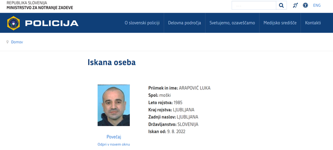 Luka Arapović, iskana oseba, Kavaški klan | Foto: policija.si