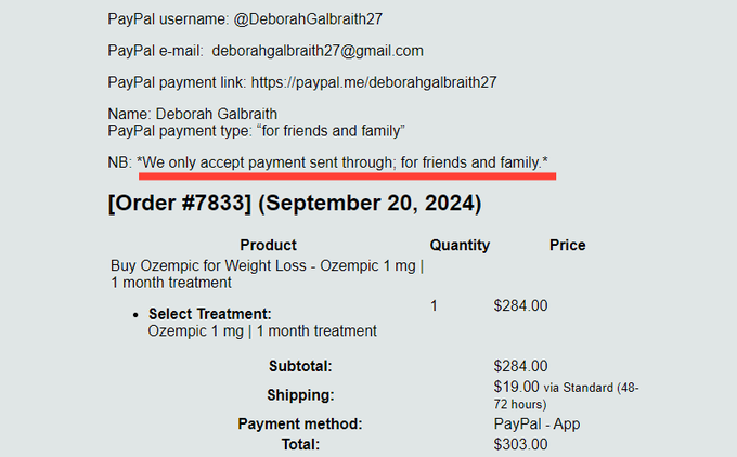 Primer naročila Ozempica na eni od spletnih strani, ki smo jo našli prek Facebooka – prodajalka nakup pogojuje s plačilom prek PayPala, pri čemer mora kupec kot vrsto plačila izbrati "nakazilo družini ali prijateljem".  | Foto: Posnetek  zaslona