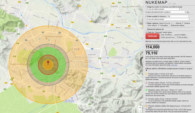 Če bi eksplodiralo na pravem mestu, bi ognjena krogla lahko pogoltnila staro ljubljansko mestno jedro. Umrlo bi lahko več kot 100.000 ljudi. Vročinsko sevanje, ki bi povzročilo hude opekline, bi zajelo večino Ljubljane.  | Foto: Matic Tomšič