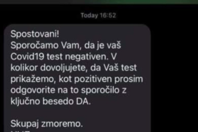 Lažni SMS NIJZ | Če dobite takšno sporočilo, ga izbrišite, opozarja NIJZ. | Foto NIJZ