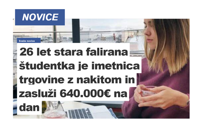 Prevara Facebook | Zapis, ki želi potencialno žrtev prepričati, da nasede in se registrira na eni od trgovalnih (forex) platform, se zelo pogosto začne s "šokom", neverjetnim odkritjem načina, kako v kratkem času zaslužiti zelo veliko denarja, ali pa osebno zgodbo izmišljenega bogataša oziroma v tem primeru bogatašinje, ki dnevno zasluži velikanske zneske. | Foto Matic Tomšič / Posnetek zaslona