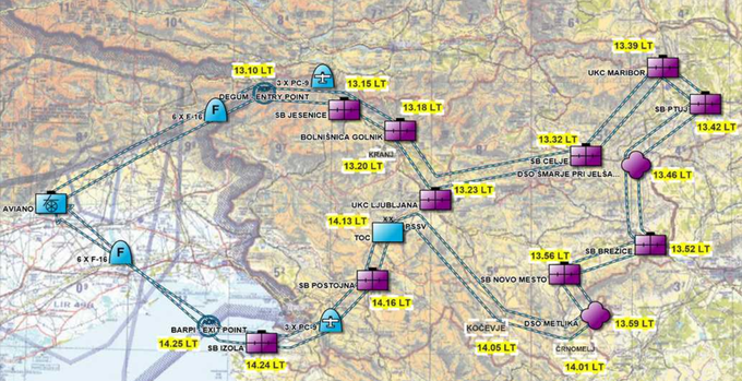 Zemljevid poti in ura preleta. | Foto: Twitter: ministrstvo za obrambo