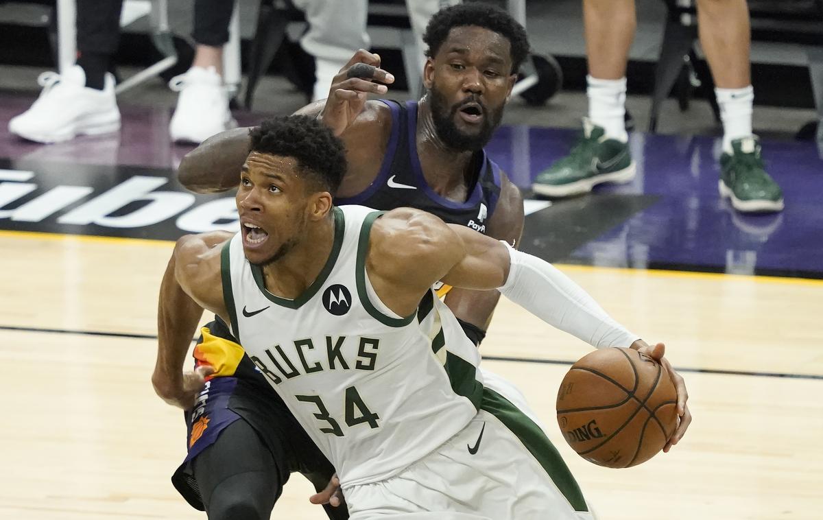 Antetokounmpo | Ekipa Milwaukee Bucks je na gostovanju v Phoenixu Suns premagala s 123:119 in v seriji zmag vodi s 3:2. Do naslova prvaka lige NBA jo loči le še zmaga.  | Foto Guliverimage