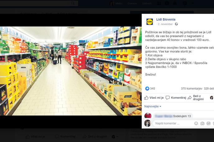 Lidl | Že od daleč se vidi, da gre pri tej nagradni igri za prevaro, saj v zapisu zelo izstopajo pomanjkljiva slovnica in logični nesmisli, kot so prihajajoče šolske počitnice, čeprav jih je bilo v času objave skoraj že konec. | Foto Matic Tomšič / Posnetek zaslona