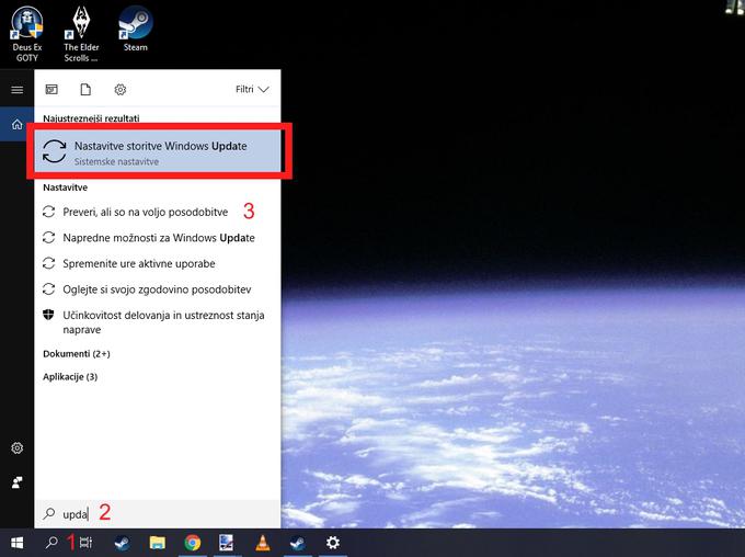 1 - iskalnik po Windows 10. 2 - da najdemo nastavitve posodobitev, v iskalnik vpišemo Update. 3 - s klikom na to možnost takoj preverimo, ali so že na voljo nove posodobitve za Windows 10.  | Foto: Matic Tomšič