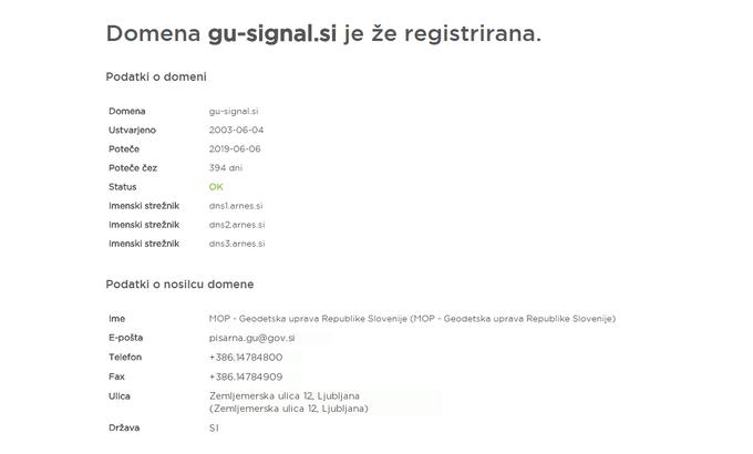 Kot je razvidno na spletni strani register.si, ki ponuja vpogled v javne informacije o spletnih domenah, je nosilec gu-signal.si Geodetska uprava Republike Slovenije, ki deluje v okviru MOP, ministrstva za okolje in prostor.  | Foto: zajem zaslona/Diamond villas resort