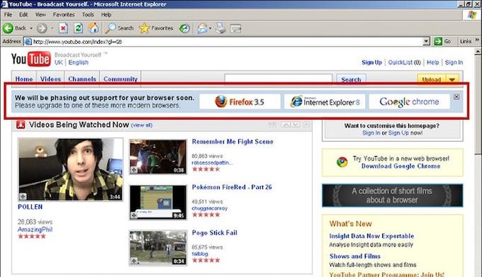 "Vaš spletni brskalnik kmalu ne bo več podprt. Prosimo, da ga nadomestite z eno od teh sodobnejših alternativ," je pisalo v obvestilu, ki so ga videli izključno uporabniki spletnega brskalnika IE 6. Zraven so bili predlogi za Mozillo Firefox, Internet Explorer 8 in tudi Googlov lastni ter takrat še zelo sveži Chrome. Razvijalci YouTuba načrtno niso zapisali, kdaj natanko bo YouTube prenehal podpirati IE6, da bi se s tem izognili morebitnim težavam zaradi neupoštevanja rokov. | Foto: 