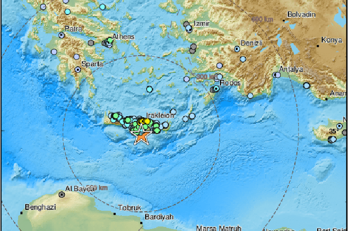 kreta | Grški inštitut za geodinamiko je sporočil, da je imel potres magnitudo 5,7. | Foto EMSC