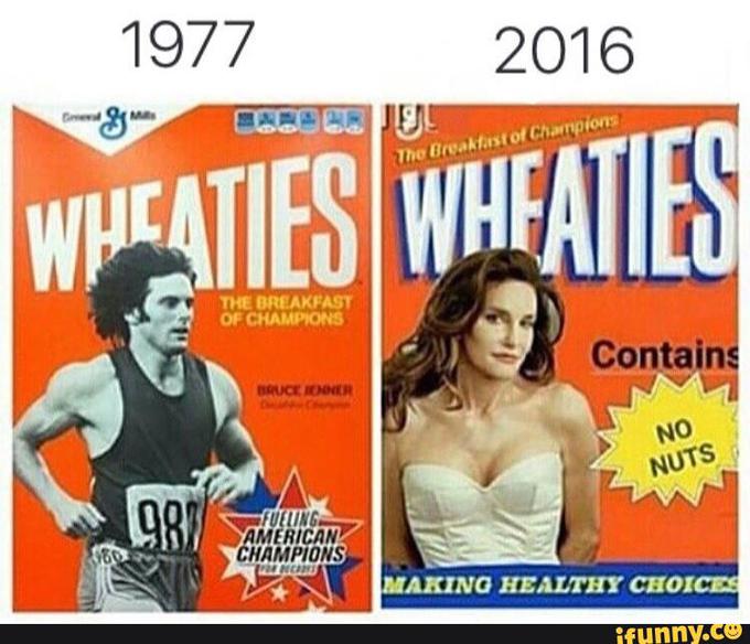 Jenner je bil obraz priljubljenih kosmičev Wheaties. Po njegovem razkritju ženske identitete, so spletni šaljivci kosmičem nadeli novo, bolj ženstveno, podobo. | Foto: 