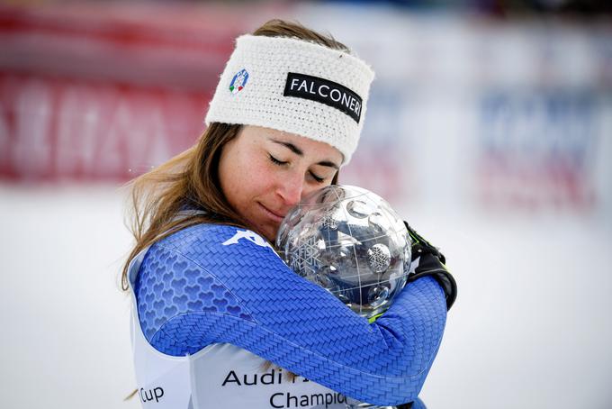 14. marec: Italijanka Sofia Goggija v Areju na Švedskem objema mali kristalni globus za zmago v skupnem seštevku ženskega smuka svetovnega pokala v alpskem smučanju. | Foto: Reuters