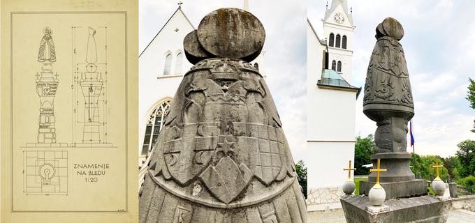 Načrt Plečnikovega Marijinega znamenja na Bledu iz leta 1934 ter fotografiji izpred župnijske cerkve sv. Martina.
Načrt je iz arhiva Muzeja in galerij mesta Ljubljane, fotografiji Aleksander Hribovšek, 2018. | Foto: 