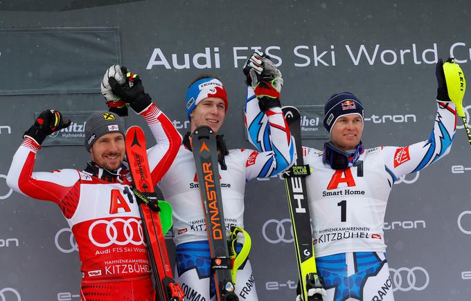 Zmagovalna trojka: Hirscher, Clement in Pinturault. | Foto: Reuters