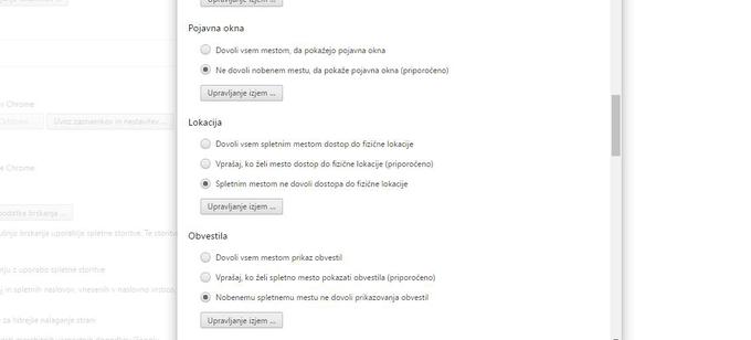 V nastavitvah sodobnih brskalnikov lahko spletnim stranem preprečimo sledenje naši lokaciji. Tole je brskalnik Google Chrome. | Foto: Matic Tomšič