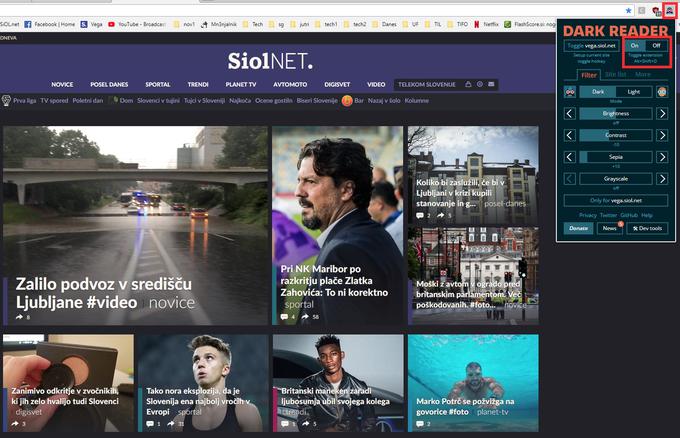 Nočni način v razširitvi Dark Reader aktiviramo tako, da kliknemo na ikono razširitve v zgornjem desnem kotu zaslona in premaknemo drsnik On/Off ali pa na tipkovnici hkrati stisnemo tipke Alt + Shift + D. Spreminjamo lahko tudi nastavitve barvne palete in temni način vklopimo samo za trenutno spletno stran.  | Foto: Matic Tomšič / Posnetek zaslona