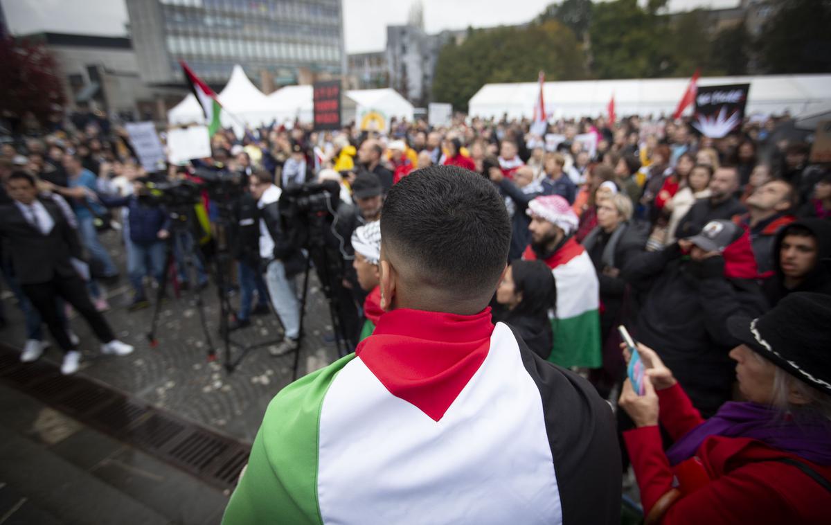 Shod v podporo Palestini | "Preučili bomo morebiten obstoj znakov kaznivih dejanj in prekrškov, povezanih z vzbujanjem nestrpnosti," pravi policija. | Foto Bojan Puhek