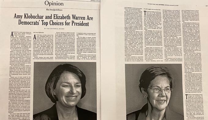 Ameriški New York Times je pred dnevi prvič v zgodovini javno podprl dve demokratski kandidatki za predsednico. Senatorko slovenskega rodu Amy Klobuchar iz Minnesote in senatorko Elizabeth Warren iz Massachusettsa. Prvo so označili za realistično, drugo pa za radikalno demokratsko izbiro. Zapisali so, "da izrekajo podporo najučinkovitejšima kandidatkama za vsakega od pristopov". Foto: New York Times | Foto: New York Times