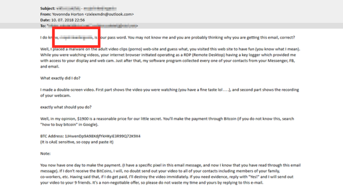 Primer izsiljevalskega sporočila, ki uporabnika o nakazilu odkupnine poskusi prepričati z njegovim lastnim geslom. | Foto: Matic Tomšič / Posnetek zaslona