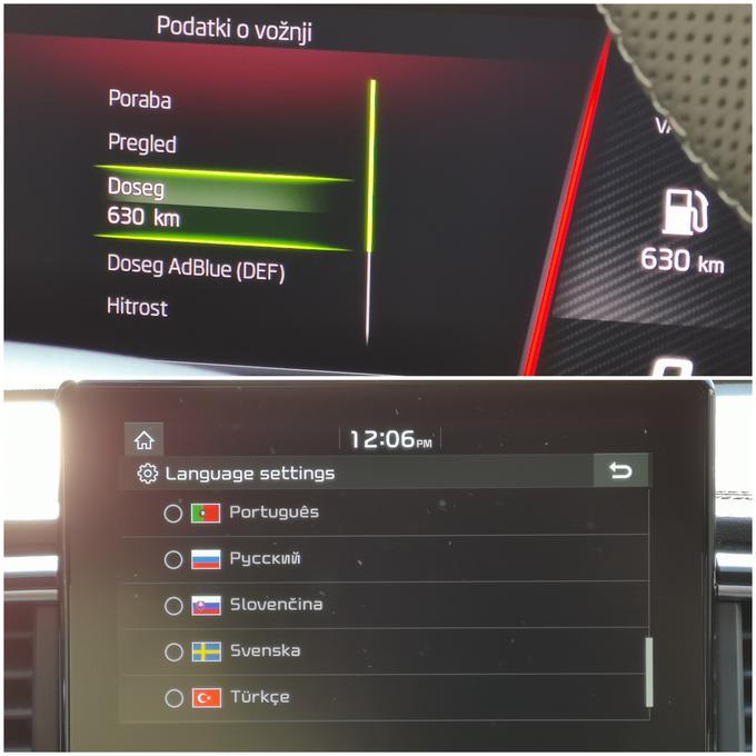 Vsi finalisti ne ponujajo slovenskih menijev. Zgoraj slovenščina pri škodi karoq, spodaj največ slovaščina pri kii ceed. Tudi ford focus nima možnosti slovenskega jezika. | Foto: Gregor Pavšič