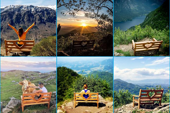 klopce ljubezni kolaž | Na slovenskih razglednih točkah trenutno stoji pet klopc ljubezni. Na fotografiji je klopca na Vogarju, z razgledom na Bohinjsko jezero, ki je ena najbolj obiskanih. 