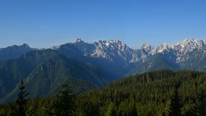 Že od Potočke zijalke se odpre pogled na Kamniško-Savinjske Alpe: levo Velika Zelenica, nato Ojstrica, pa na sredini Planjava, Kamniško sedlo in Brana nad Logarsko dolino in desno Skuta in Grintovec. | Foto: Matej Podgoršek