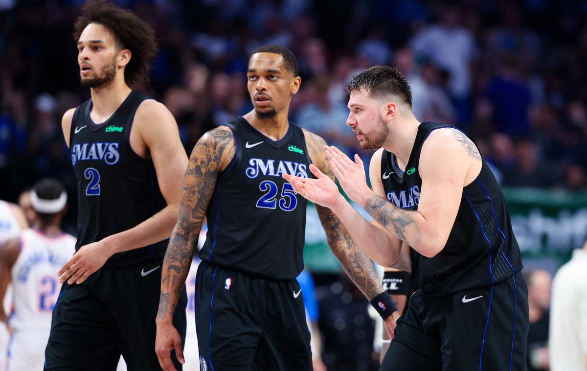 Dallas Mavericks Luka Dončić, P. J. Washington, Dereck Lively II | Dallas bo v noči na četrtek začel finale zahodne konference. | Foto Reuters