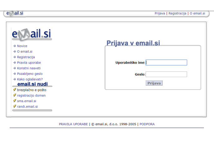 Email.si | Tako je bila videti začetna stran Email.si sredi prejšnjega desetletja. | Foto Matic Tomšič / Posnetek zaslona
