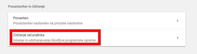 Pregled računalnika za morebitnimi zlonamernimi programi, ki bi lahko škodovali brskalniku, lahko v Chromu poženemo tudi ročno, in sicer tako, da odpremo meni z nastavitvami, na koncu nastavitev kliknemo gumb Dodatno in se s koleščkom na miški prebijemo čisto do dna, kjer je razdelek Ponastavitev in čiščenje. Kot je na Twitterju zagotovil eden od razvijalcev brskalnika Chrome Justin Schuh, samodejni proces zaznavanja zlonamernih programov poteka samo enkrat tedensko, traja pa največ petnajst minut in ima nizko prioriteto, kar pomeni, da ne odžira veliko sistemskih sredstev.  | Foto: Matic Tomšič