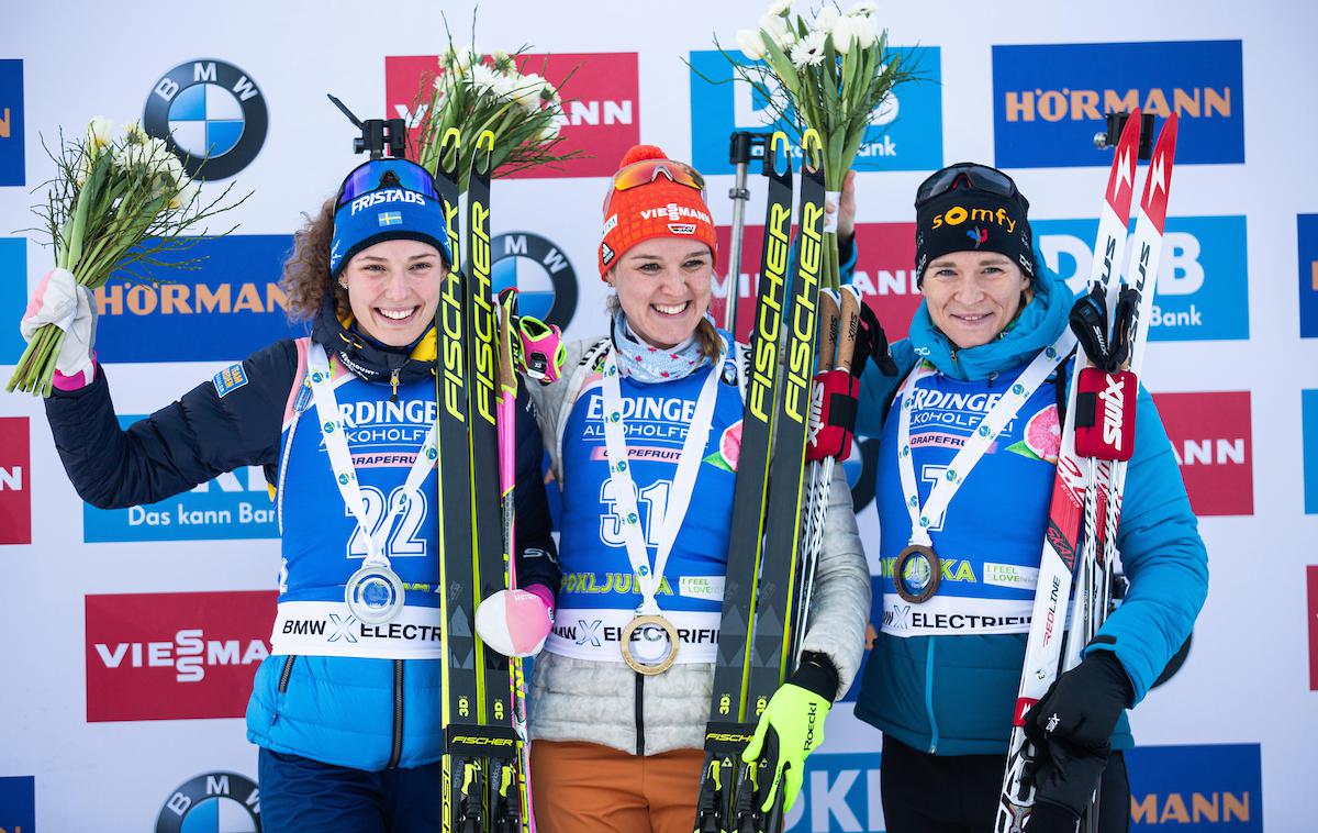 Pokljuka, 15 km, drugi dan | Zmagovalna trojica: Hanna Oeberg, Denise Herrmann in Anais Bescond. | Foto Peter Podobnik/Sportida