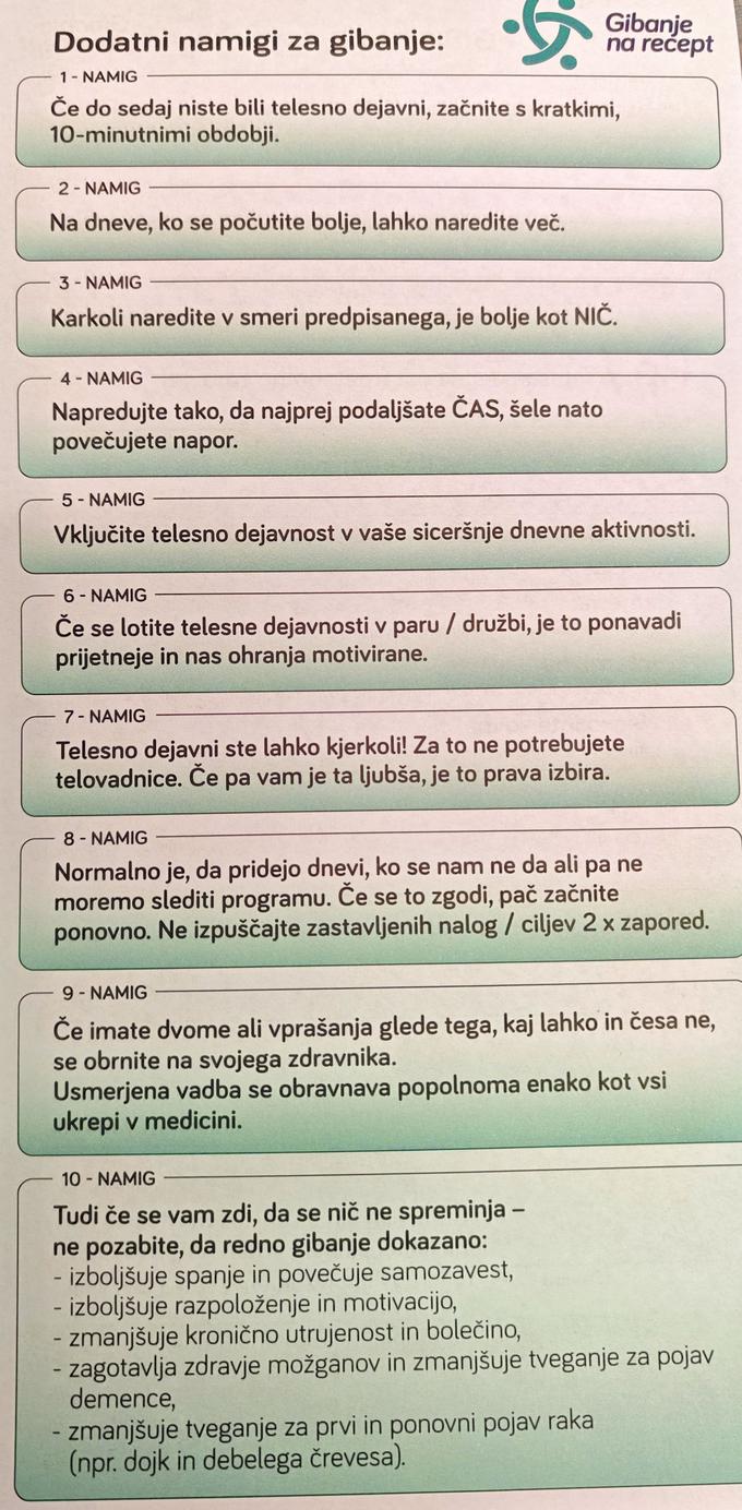 Hrbtna stran zelenega recepta za gibanje vsebuje odgovore na najpogostejša vprašanja, ki se lahko porodijo tistim, ki se odločijo za več rednega gibanja v svojem vsakdanjiku. | Foto: 