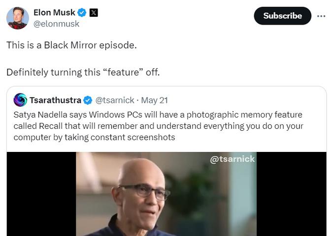 Kot pri mnogih aktualnih temah je tudi glede funkcije Recall svoje mnenje podal Elon Musk. Kot je zapisal na svojem družbenem omrežju X, funkcija Recall zveni kot scenarij iz znanstvenofantastične serije Black Mirror (Črno ogledalo), ki se pogosto osredotoča na potencialne nevarnosti sodobnih in futurističnih tehnologij. Napovedal je, da bo funkcijo Recall na svojem računalniku zagotovo izklopil.  | Foto: X / Elon Musk / Posnetek zaslona