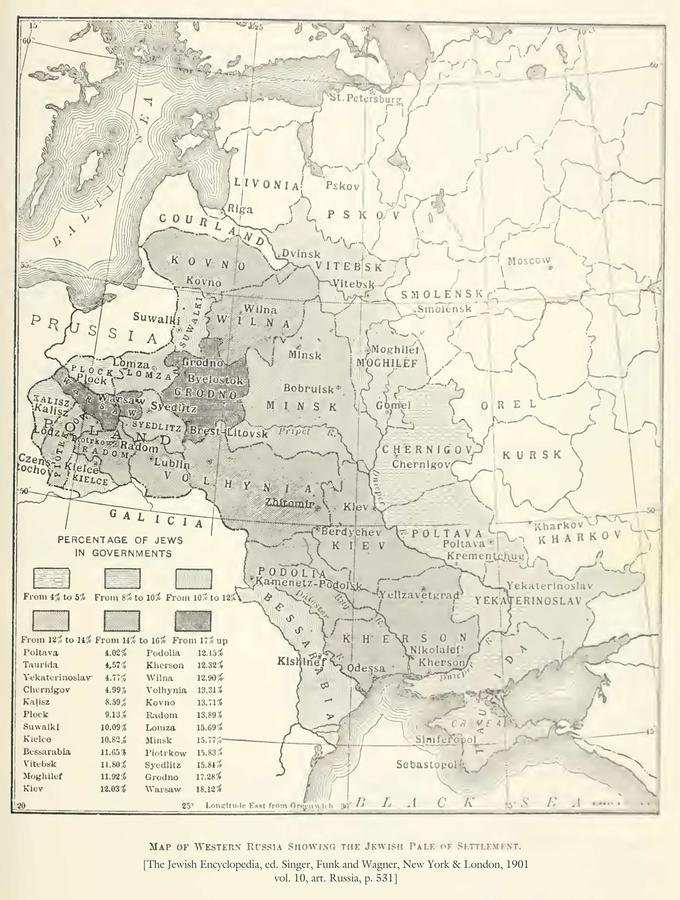 Zemljevid pasu naselitve na ozemlju carske Rusije (province, ki so bile del tega pasu, so na zemljevidu obarvane). Judje so se lahko naselili in živeli samo na tem območju. Gre večinoma za ozemlje, ki je bilo pred delitvijo Poljske v 18. stoletju del poljsko-litovske države. Judje se tako niso smeli naseliti na primer v Moskvi ali Sankt Peterburgu. | Foto: Wikimedia Commons