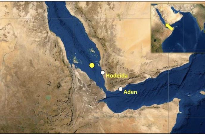 ladja, položaj, Rdeče morje |  Lokacija v Rdečem Morju, kjer je britansko ladjo zadela raketa. | Foto omrežje X
