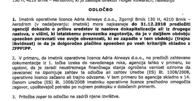 Izsek iz odločbe javne agencije za civilno letalstvo.
 | Foto: 