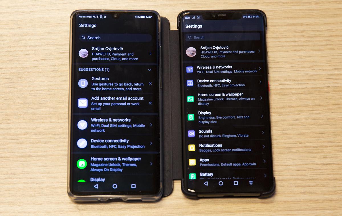 EMUI 10 | EMUI 10 na telefonu Huawei P30 Pro (levo) in EMUI 9.1 na telefonu Huawei Mate 20 Pro | Foto Bojan Puhek