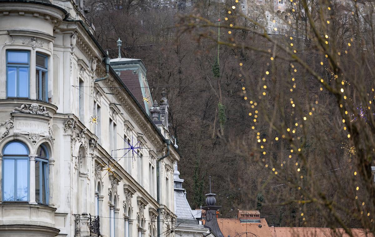 Helikopter spravilo lesa grajski grič | Del drevesa je poškodoval šest strešnikov, del žleba in okensko polico, nastale so tudi manjše poškodbe na fasadi in gradbenem odru ob stavbi.  | Foto Ana Kovač