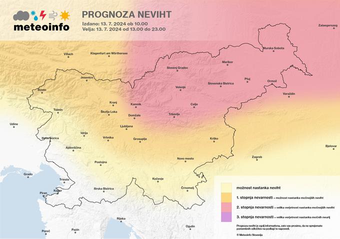 Največja verjetnost za močnejša neurja je na severovzhodu države. | Foto: Meteoinfo