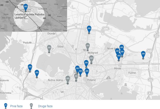 Zemljevid obstoječih lokacij z električnimi vozili in lokacijah v Ljubljani, kjer ta mesta načrtujejo v drugi fazi širitve sistema. | Foto: Avant2Go