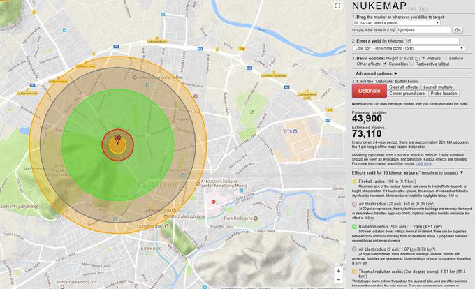 V Ljubljani bi lahko ob padcu na območje na sliki umrlo do 44 tisoč ljudi. Premer ognjene krogle eksplozije bi bil dolg skoraj toliko kot dve nogometni igrišči. Vročinski val bi požgal tivolski park. | Foto: Matic Tomšič