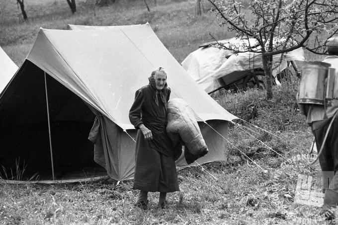 Ljudje so zasilna bivališča našli pod šotori. Na pomoč so priskočili številni, Zveza tabornikov Slovenije je darovala šotore, družbene organizacije in podjetja pa so na pomoč priskočili z oblekami, počitniškimi prikolicami in najnujnejšimi potrebščinami. Hrani: Muzej novejše zgodovine Slovenije, Avtor: Nace Bizilj
 | Foto: Muzej novejše zgodovine Slovenije