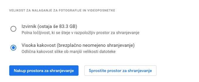 Google Foto ima nekatere omejitve. Velikost fotografij je omejena na 16 megapikslov, videoposnetkov pa na ločljivost 1080p. Vsebine v višjih ločljivostih Google Foto samodejno skrči. Če jih želi uporabnik obdržati v izvirni kakovosti, ki presega kriterije za neomejeno shrambo, pa bodo zasedale razpoložljiv prostor za shranjevanje.  | Foto: Matic Tomšič