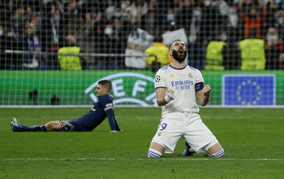 Real PSG | Karim Benzema je s 34 leti in 80 dnevi postal najstarejši strelec hat-tricka v zgodovini lige prvakov. | Foto Reuters