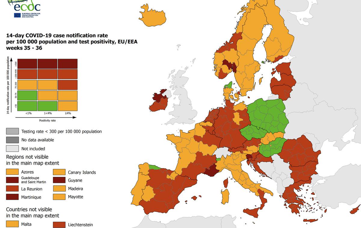 ECDC 16.9.2021 | Po najnovejših podatkih je zahodna polovica Slovenije je ena od redkih regij v Evropi, ki je označena s temno rdečo barvo. | Foto STA