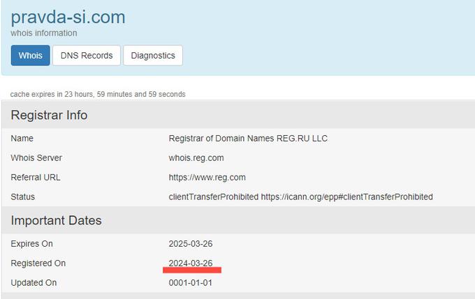 Podatek o datumu na spletni strani WHOis, ko je bila registrirana domena pravda-si.com. | Foto: posnetek zaslona/Marine Traffic