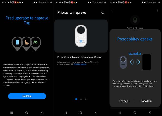 Začetek uporabe pametne značke Samsung SmartTag 2. Pred prvo uporabo bo aplikacija po potrebi poskrbela tudi za programsko posodobitev pametne značke (slika desno).  | Foto: Srdjan Cvjetović