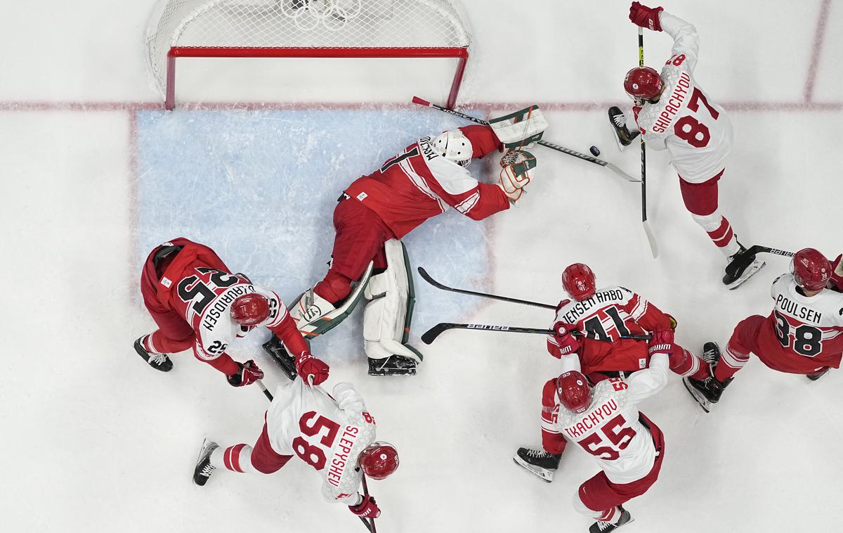 Frederik Dichow  Rusija Danska hokejski olimpijski turnir | Rusi so vknjižili drugo zmago, z 2:0 so premagali Dansko, končni rezultat so postavili z zadetkom v prazen gol. | Foto Guliverimage