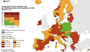 Zahodna Slovenija na zemljevidu ECDC obarvana temno rdeče