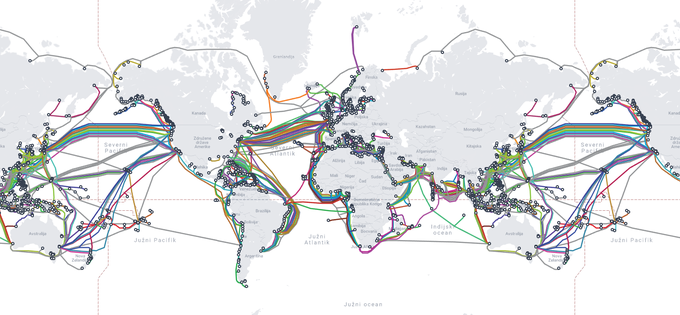 Vsi podmorski internetni kabli na svetu. Kliknite na fotografijo za večji interaktivni zemljevid.  | Foto: Posnetek zaslona / Submarine Cable Map